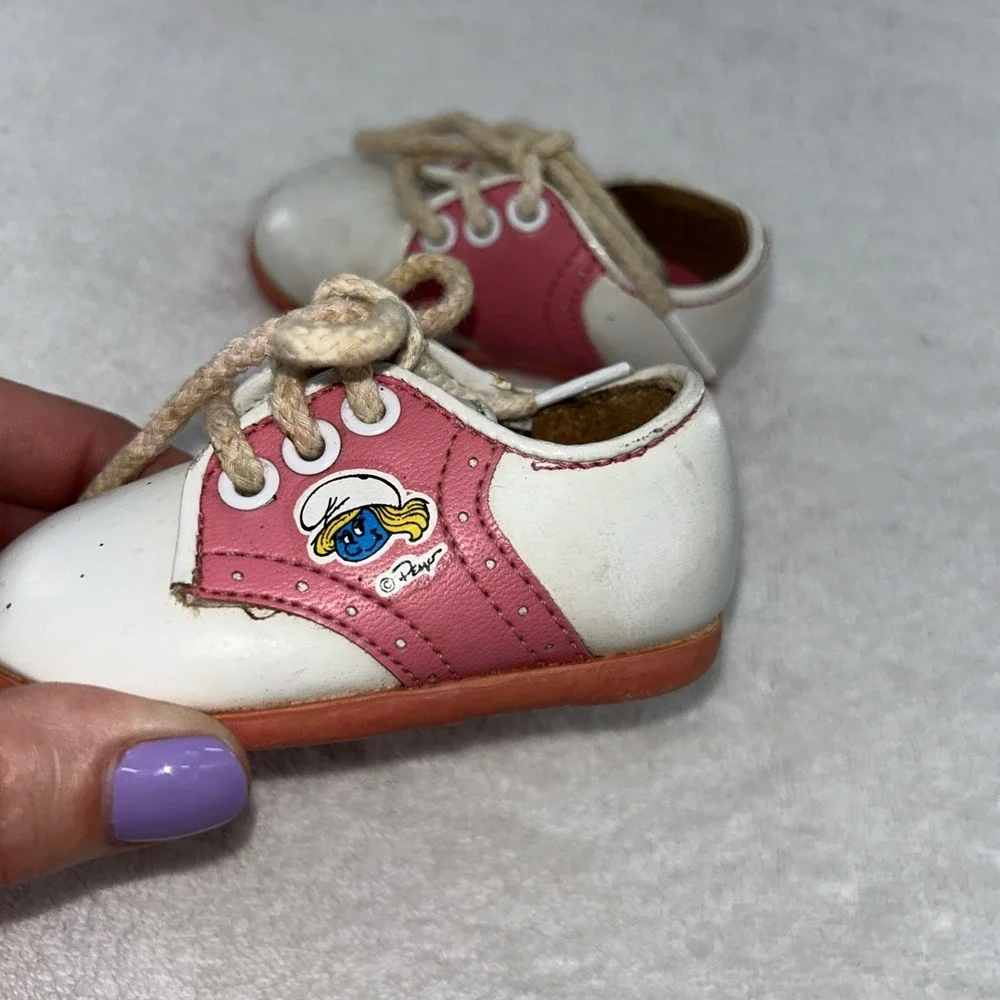 RARE VINTAGE Smurf Baby Girl Saddle Shoes Pink & White Size 1 Smurfette 80's